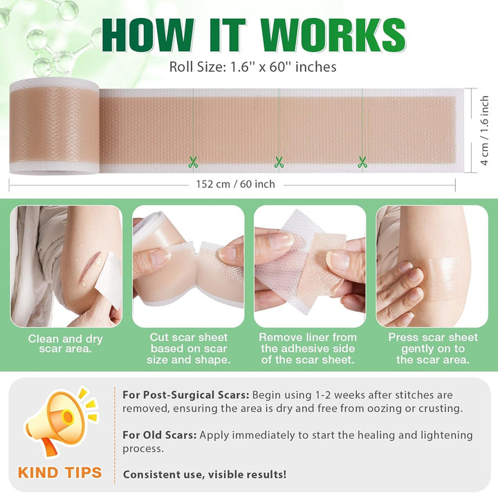 Silicone Scar Tape, Silicone Scar Sheets(1.6" X 75" Roll-1.9M), Medical Grade Scar Tape, Reusable Silicone Tape for Surgical Scar, C-Section, Keloid