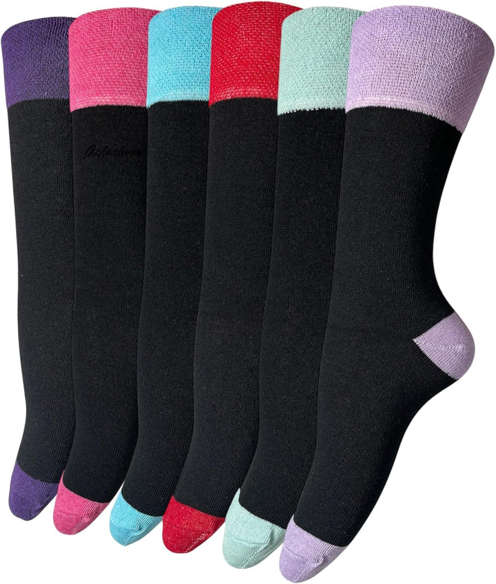 6 Pairs Ladies Loose-Top Non-Elastic Socks, (Pack of 6) COTTON, Bright Colours Diabetic Socks UK Size 4-7, EUR Size 37-42