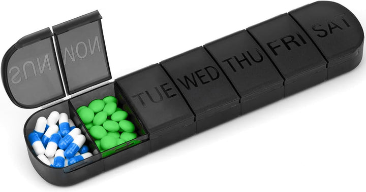 Black Weekly Pill Box Organiser with Upgraded Open Design | Premium Quality 7 Day Travel Tablet Box | Portable Pill Case for Medications, Vitamins, and Supplements
