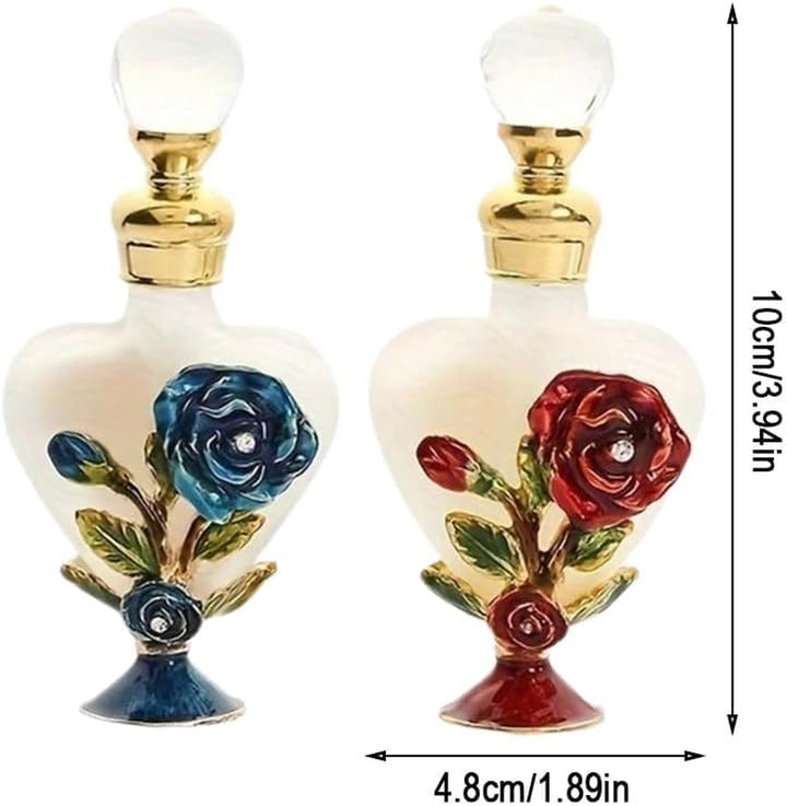 Decorative Refillable Empty Bottles,Metal Base Heart-Shaped Rose Essential Oil Glass Bottle for Home Decor (Style 1)