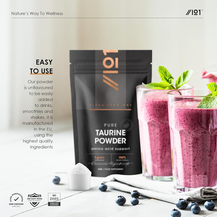 Taurine Powder 1Kg – Fermented L-Taurine Amino Acid Powder – Suitable for Vegans – Resealable and Recyclable Pouch by