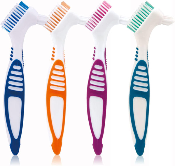 Denture Brush, 4 Pieces Small Toothbrush for Dentures, Multi-Layered Bristles Ergonomic Rubber Handle for False Teeth Cleaning