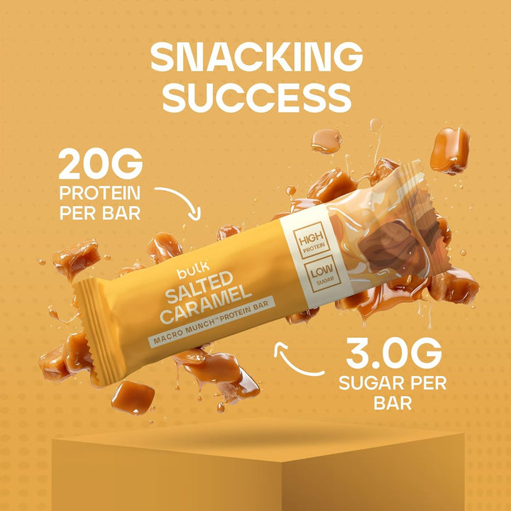 Macro Munch Protein Bar | Salted Caramel Flavour | 12 X 62G | 20G High Protein | Low Sugar | 6.7G Fibre | Soft-Baked Triple Layer | Healthy Snack Bar for Gym | Fitness | On-The-Go | Vegetarian