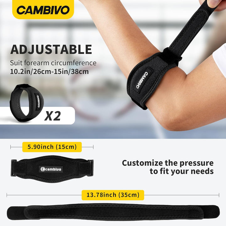 Tennis Elbow Support Strap, 2-Pack Tennis & Golfers Elbow Support for Men and Women, Adjustable Brace with Compression Pad and Elbow Pain Relief (Black)