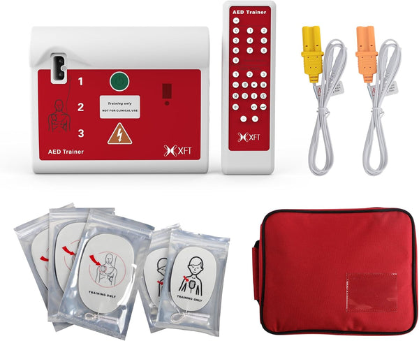 AED Trainer, Portable Defibrillator Trainer Set CPR Training Device with Remote Control, English and Spanish Voice Prompts, 10 Different Scenarios, First Aid Defibrillator Trainee Beginner ( 120C)