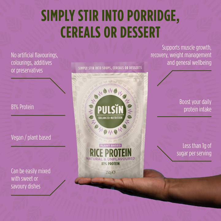 - Natural & Unflavoured Vegan Rice Protein Powder - 250G - 8.1G Protein, 0.4G Carbs, 43 Kcal per Serving - Low Carb, Gluten Free, Plant Based, Palm Oil Free & Dairy Free