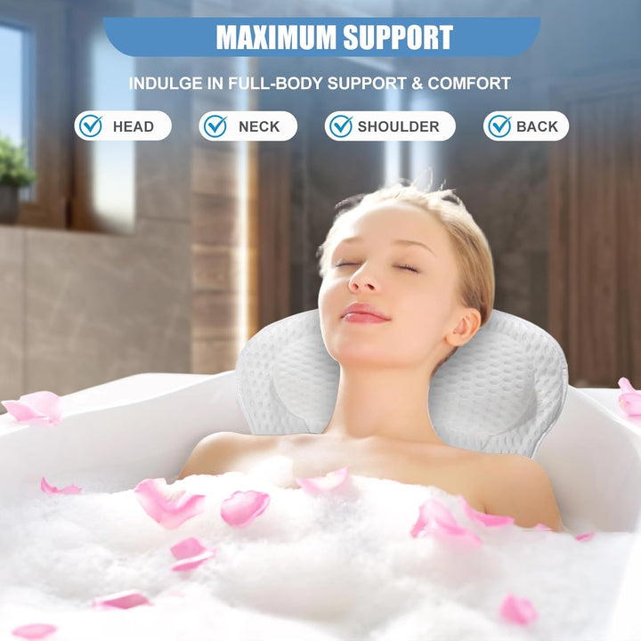Bath Pillow - Non-Slip Luxury Head/Neck Support, 4D Air Mesh & 6 Suction Cups, Soft Bathtub Cushion Spa Gift (Butterfly White)