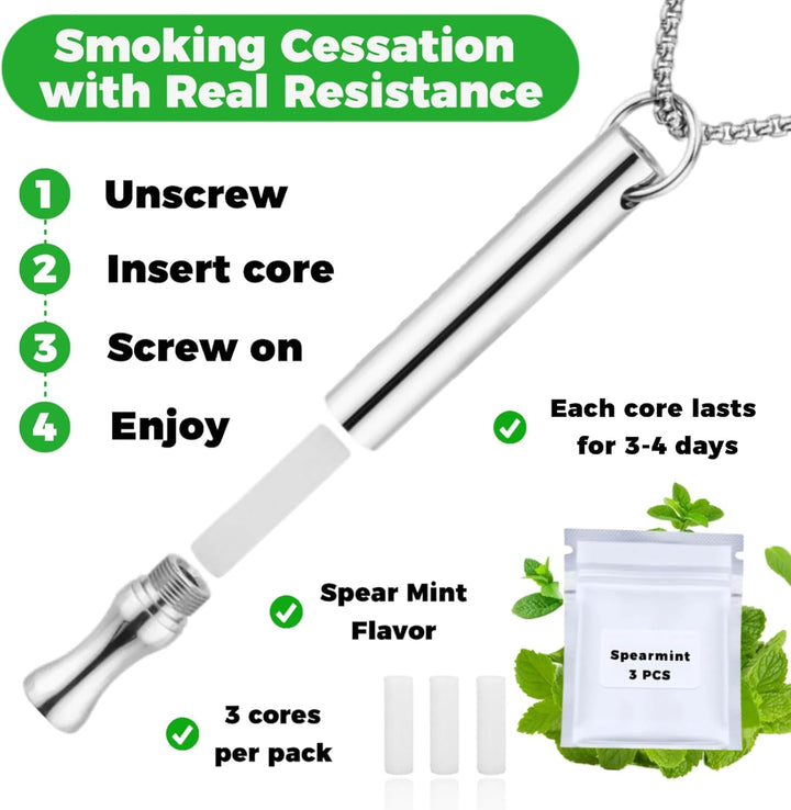 Breathing Necklace to Quit Smoking and Vaping with Refillable Mint Pods Stop Smoking Aids Fidget Necklace for Anxiety Relief Smokeless Inhaler for Adults (Silver)