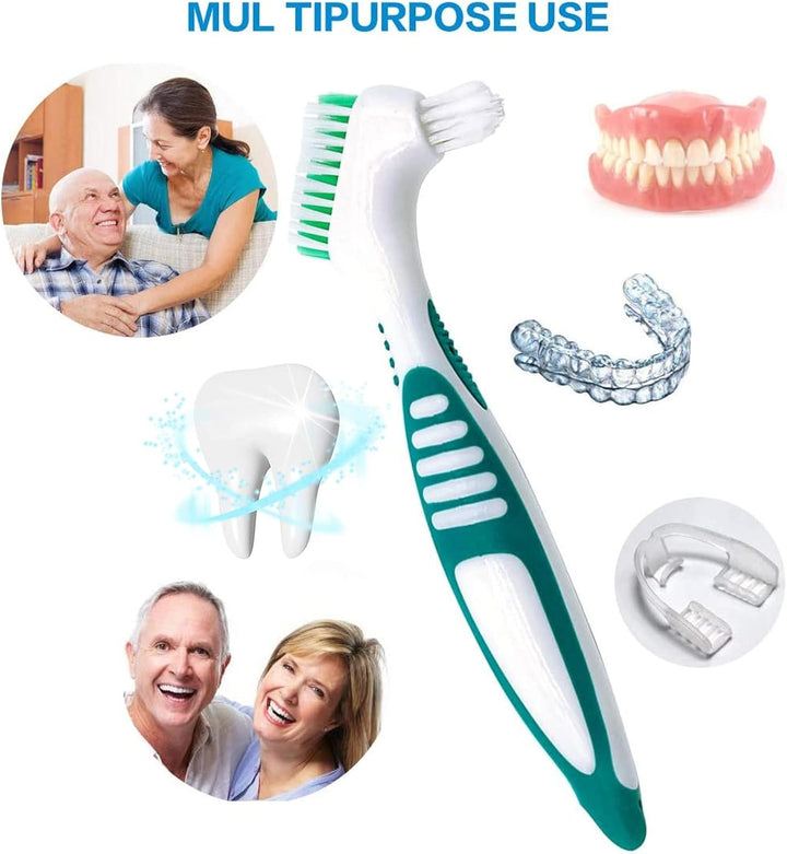 4Pcs Denture Brush, Retainer Brush, Denture Toothbrush, Portable Denture Cleaning Brush, Double Bristle Head Denture Brush, False Teeth Brush for Cleaning Retainers (Blue, Purple, Green,Orange)
