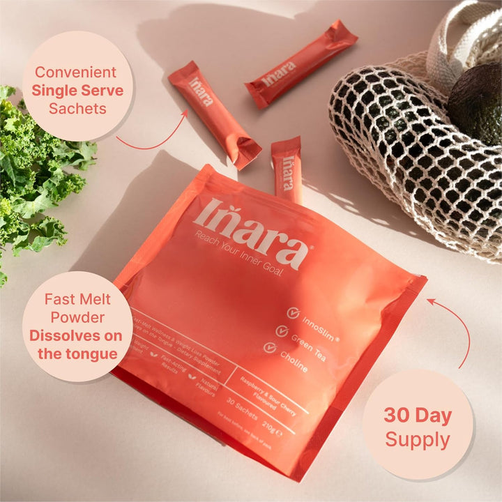 GLP1 Melt in Mouth Weight Management Powder - 30 Sachets, Raspberry & Sour Cherry Flavoured - Innoslim, Green Tea & Choline - Suitable for Vegans, GMO & Gluten Free