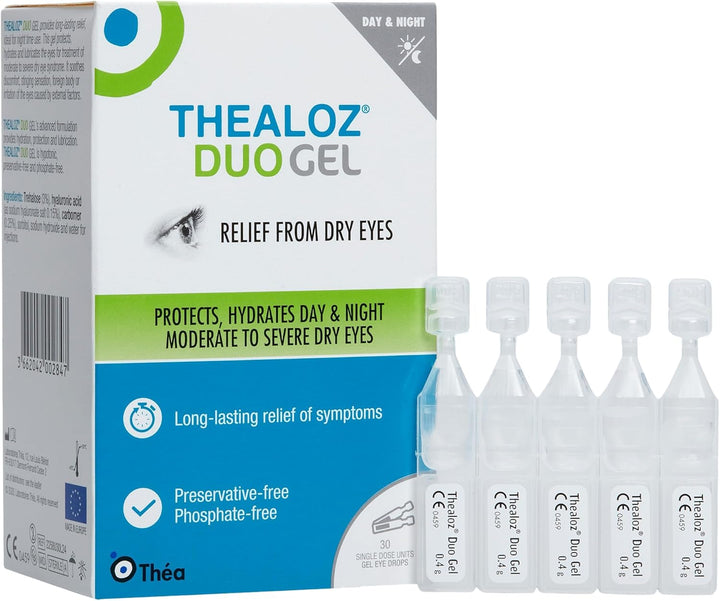 30 loz Duo Gel (Single Dose Units) Eye Drops - Longer-Lasting Relief for Dry, Tired & Sore Eyes |Ideal for Overnight Relief |Gentle, Preservative-Free Gel | 30 Single Dose Units