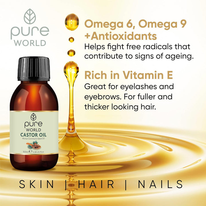 Natural Castor Oil 100Ml. Cold & Freshly Pressed 100% Pure and Undiluted Hexane Free for Eyebrows, Nails, Beard, Hair, Eyelash Growth Cruelty Free Food Grade
