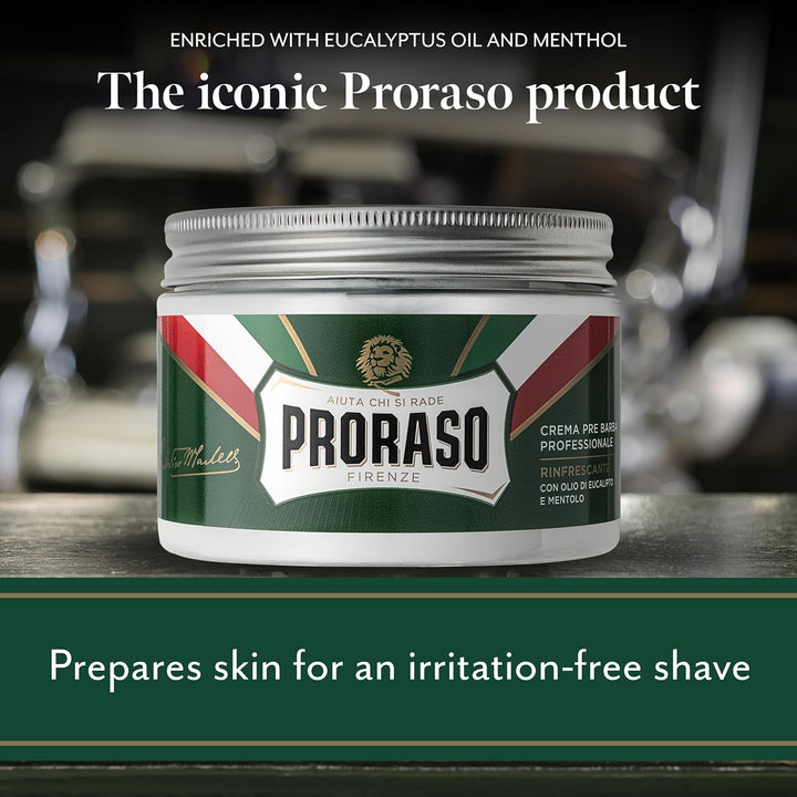 Pre Shave Cream, 300Ml, Refreshing Pre Shaving Cream for Men with Eucalyptus Oil and Menthol, Made in Italy, Green