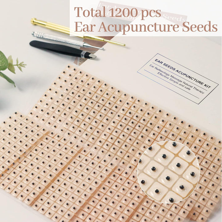Multi-Condition Ear Seeds Acupuncture Kit, with Acupuncture Ear Press Seeds 1200Pcs, Acupuncture Pen, Acupressure Ear Chart, Tweezers