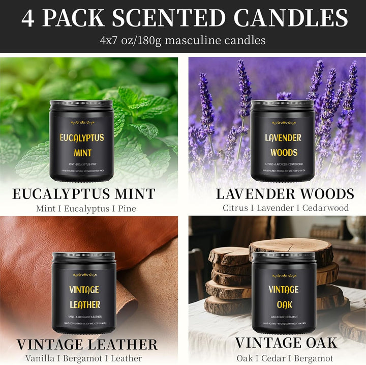 Scented Candles for Men, 4 Pack Mens Candle Set, Soy Candles for Home Scented, Masculine Candle for Him, 28Oz, 200 Hours Burning Time Aromatherapy Candles of Lavender/Eucalyptus/Leather/Oak