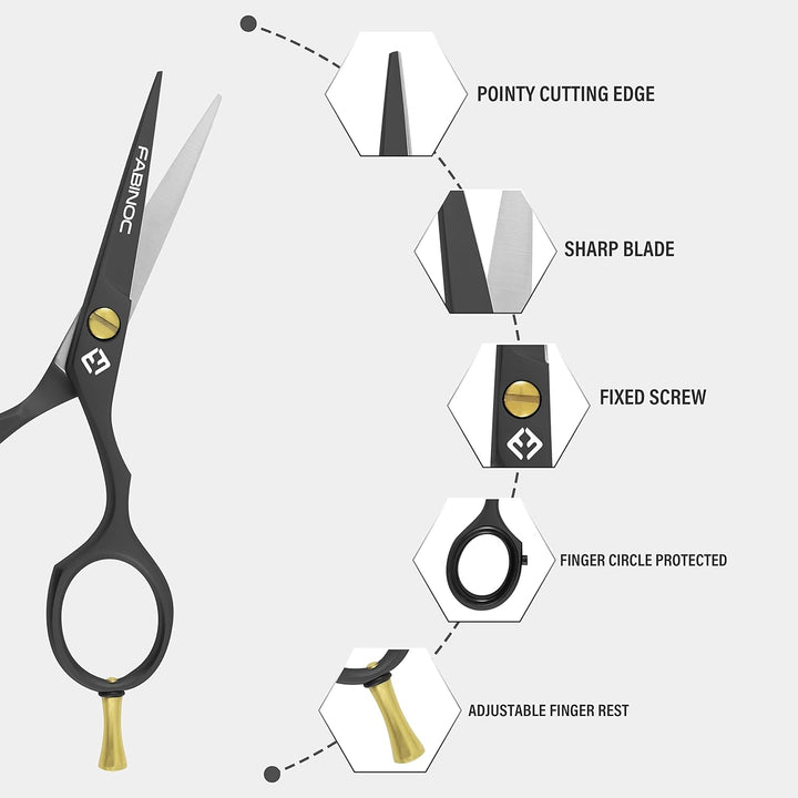 5'' Beard and Moustache Scissors with Comb & Pouch – Eyebrow, Ear & Nose Small Hair Scissors - German Quality Stainless Steel Mustashe Grooming Kit (Black)