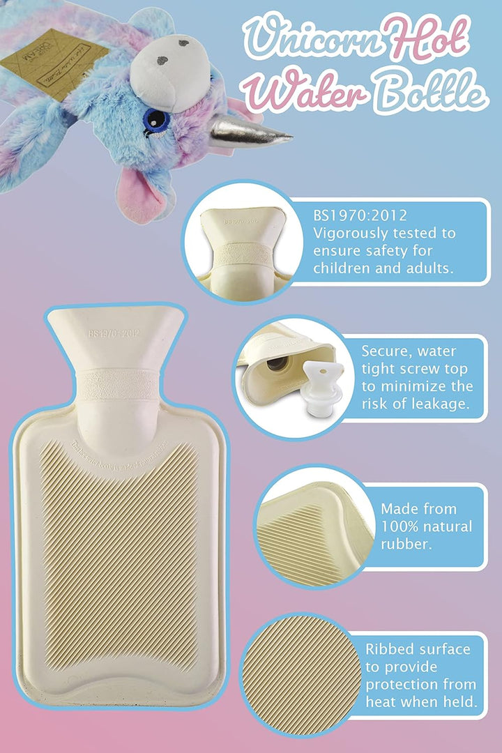 Hot Water Bottle with Rainbow Coloured Faux Fur Unicorn Design Cover