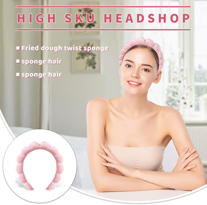 Puffy Makeup Headband Spa Headbands for Women Sponge & Terry Towel Cloth Fabric Cute Skincare Headband for Face Washing, Makeup Removal, Shower, Facial Mask (Pink)