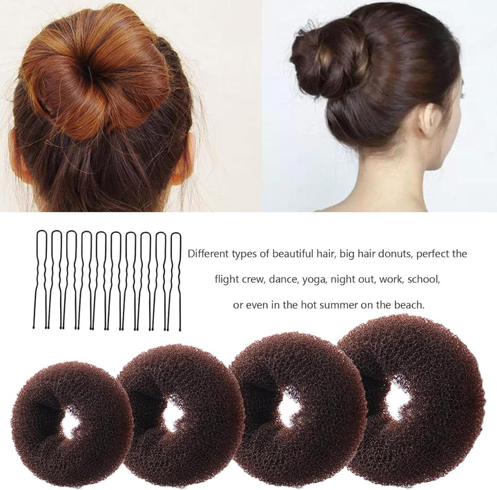 4 Pcs Ring Style Donut Bun Shaper with 20 Hair Pins,Hair Donut Brown Hair Donuts,Hair Donut Bun Maker Set,Hair Bun Donut for Girls Kids Women DIY Chignon Hair Styles Dancer Ballerina(Brown)