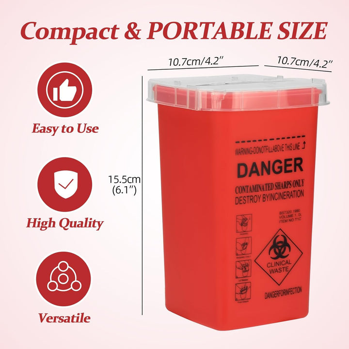 Sharp Container,  1L Tattoo Plastic Sharp Container Tattoo Medical Disposal Biohazard Needle Waste Box Safe Lock Container Tattoo Supplies (1Pc Red)