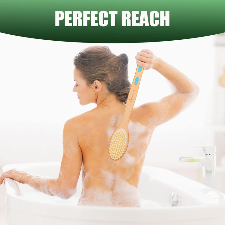 Back Scrubber, 43Cm Long Wooden Double-Sided Shower Body Brush with Soft Bristles for Sensitive Skin and Stiff Bristles for Exfoliating Skin
