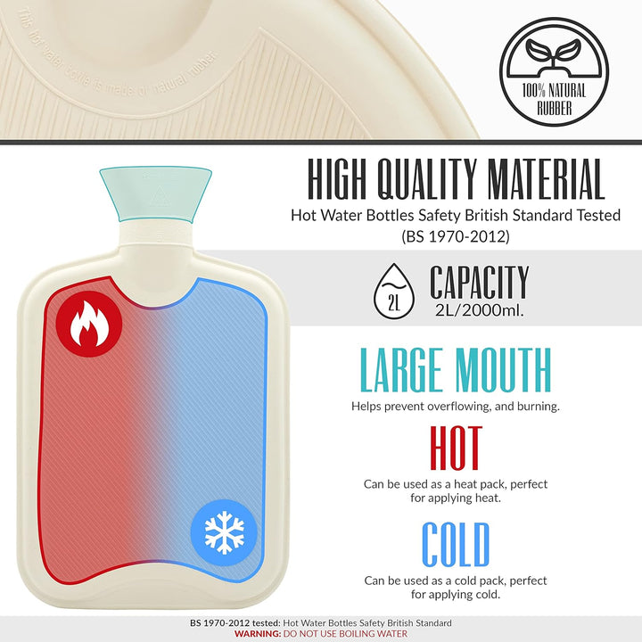 Hot Water Bottle with Soft Fleece Cover - Natural Rubber 2 Litre - British Design - UK Safe Tested