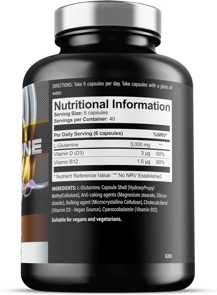 Glutamine - 3000Mg L Glutamine per Serving - Enhanced with D3 & B12 - Vegan and Vegetarian L-Glutamine (240 Capsules - 40 Servings)
