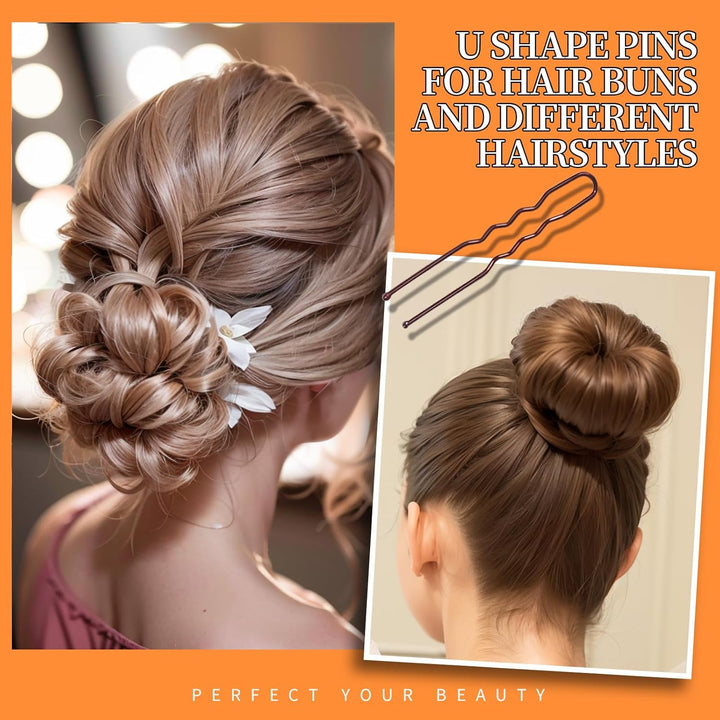 300Pcs Bobby Pins Kit - 100 Hair Pins for Women, 100 Brown, 100 Hair Bands - U Shape Pins for Buns, 2Inch, 2.36Inch, 2.75Inch