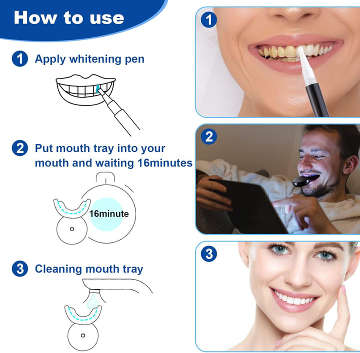 LED Teeth Whitening Kit: Home Teeth Bleaching Kit Including Tooth Whitening Gel Pen and Bleaching Light Tray - Quickly and Safely Remove Stains to Make Tooth White