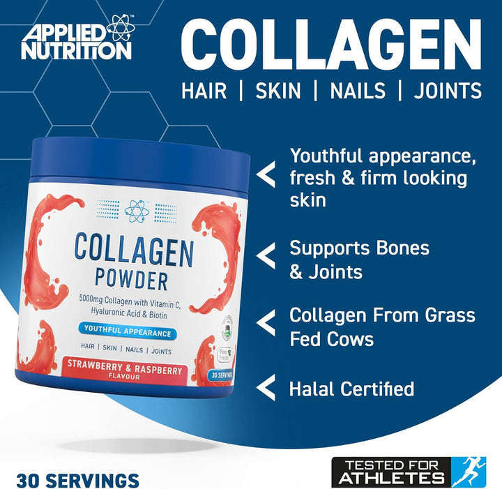 Collagen Powder - Strawberry & Raspberry Flavour - 5000Mg Hydrolysed Bovine Flavoured Collagen Peptides with Vitamin C, Hyaluronic Acid & Biotin (165G - 30 Servings)