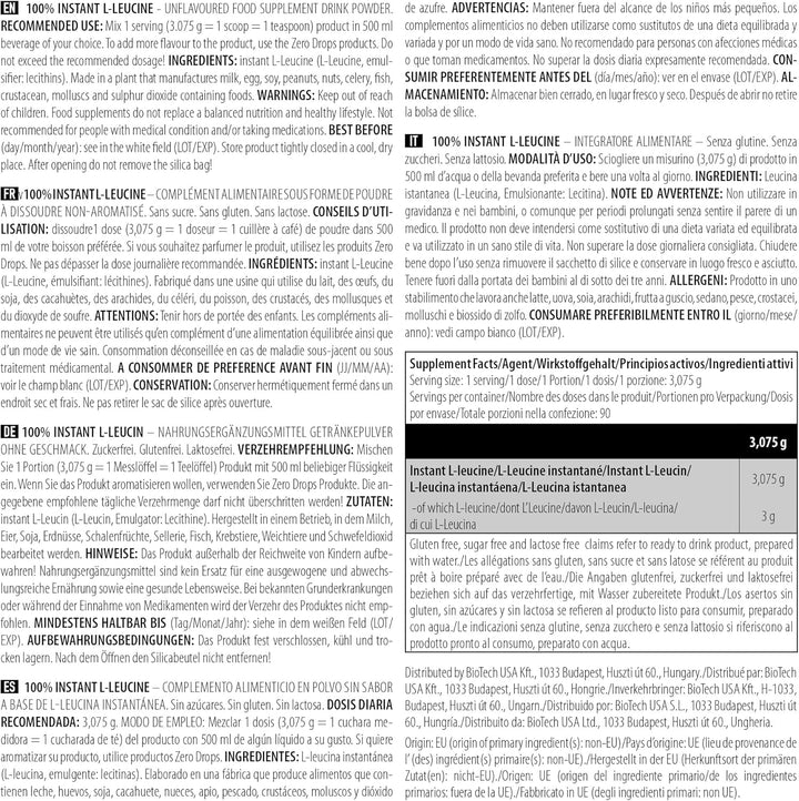 100% Instant L-Leucine Drink Powder | Vegan | Sugar-Free | Gluten-Free | Lactose Free | 3,000Mg Leucine | 277G | Unflavoured