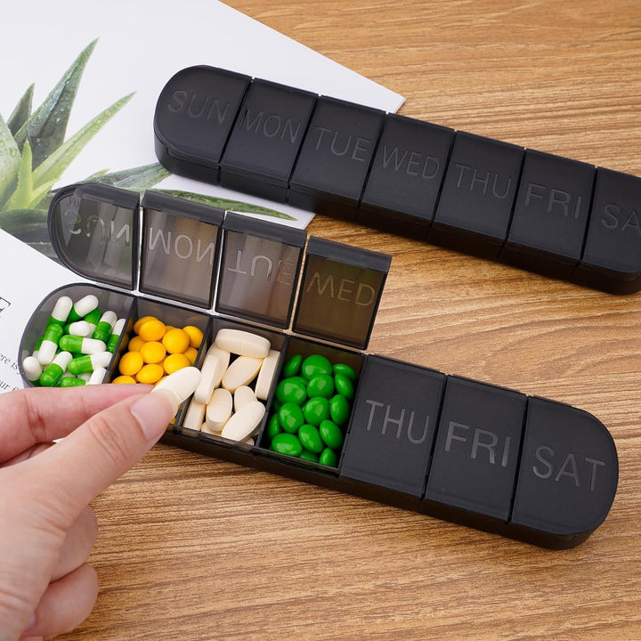 Black Weekly Pill Box Organiser with Upgraded Open Design | Premium Quality 7 Day Travel Tablet Box | Portable Pill Case for Medications, Vitamins, and Supplements