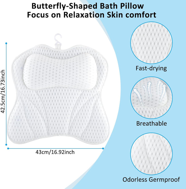 Bath Cushion,  Bath Cushion 4D Mesh Headrest with 6 Non-Slip Suction Cups Can Support Head, Neck, Back, for Bathtub, Home Spa