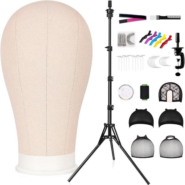 63In Wig Stand Tripod with 22In Head, Canvas Wig Head Stand with Mannequin Head for Wigs Manikin Head Block Set for Wigs Making Display,Beige