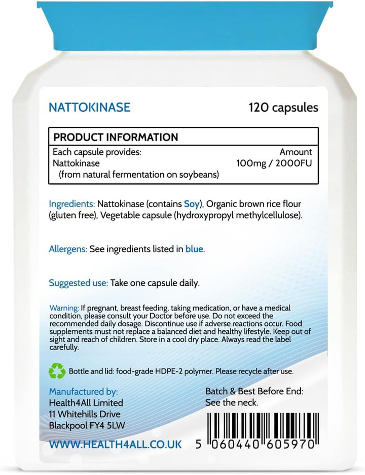 Nattokinase 2000FU per Capsule, 120 Capsules 4 Month Supply, Purest Vegan Protein Enzyme from Japanese Natto, High Strength Cardiovascular Health Support Nattokinase Supplement | Made in UK