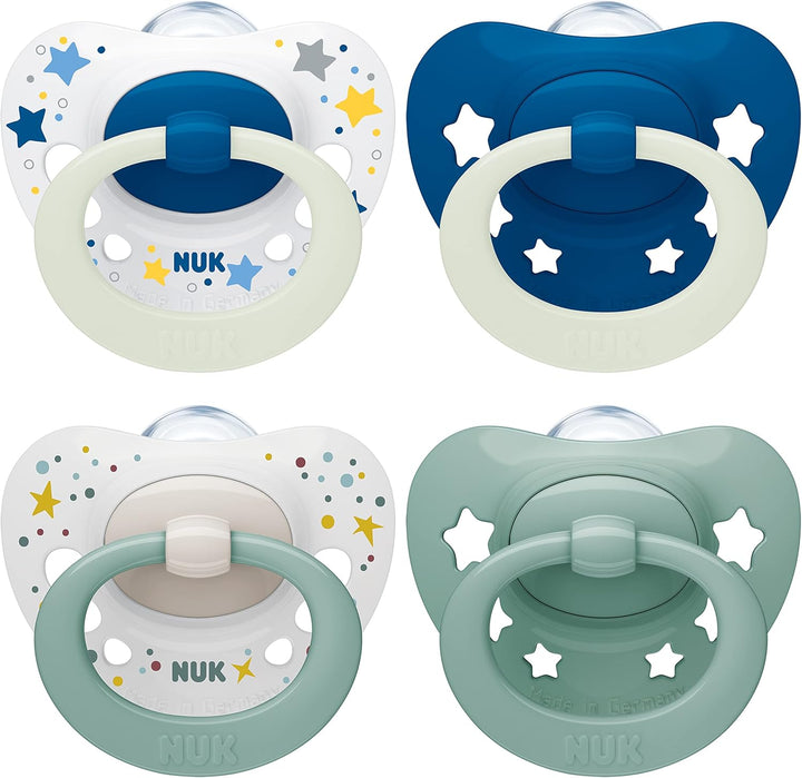 Signature Day & Night Baby Dummy | 18-36 Months | Soothes 95% of Babies | Heart-Shaped Bpa-Free Silicone Soothers | Glow-In-The-Dark | Stars | 4 Count