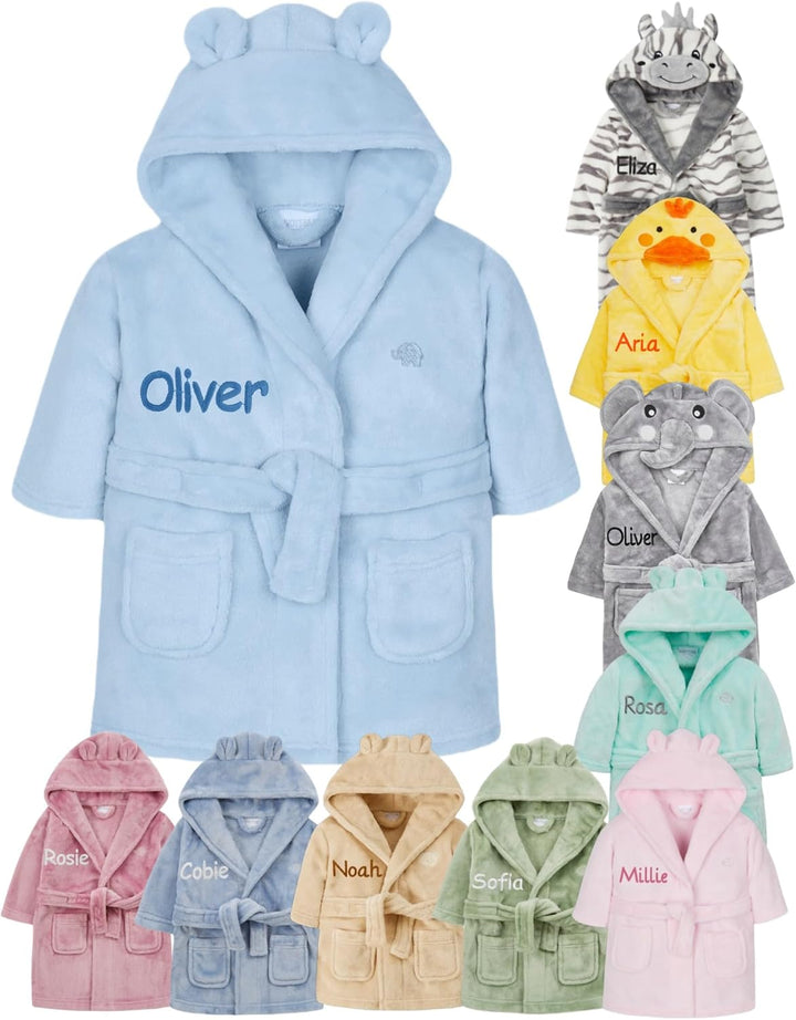Personalised Baby Bathrobe Hooded Fleece Dressing Gown Super Soft Gifts Bath Robe for Boys Girls Cute Teddy Ears 0-4 Years