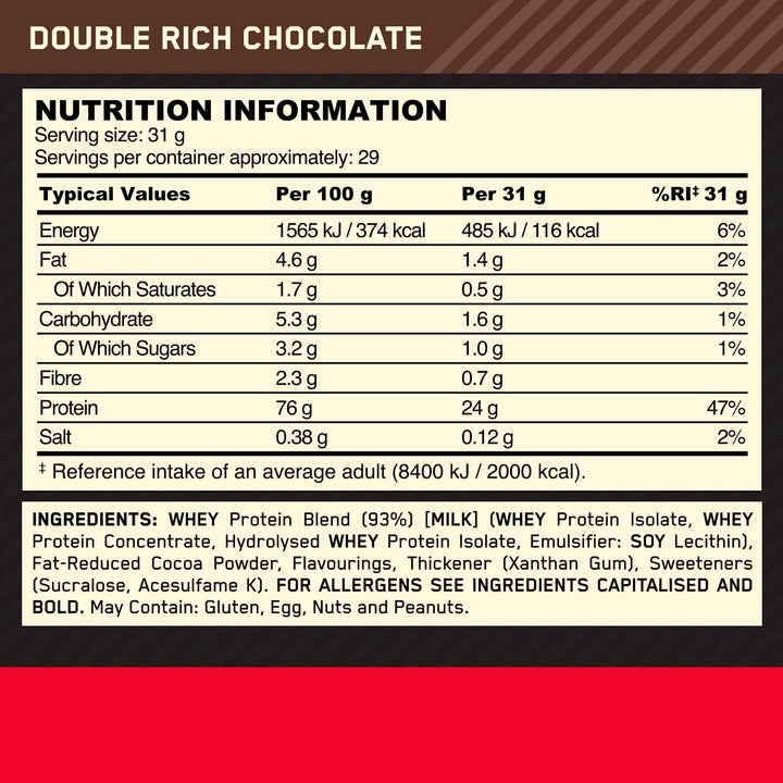 Gold Standard Whey Protein, Muscle Building Powder with Naturally Occurring Glutamine and Amino Acids, Double Rich Chocolate, 29 Servings, 899 G, Packaging May Vary