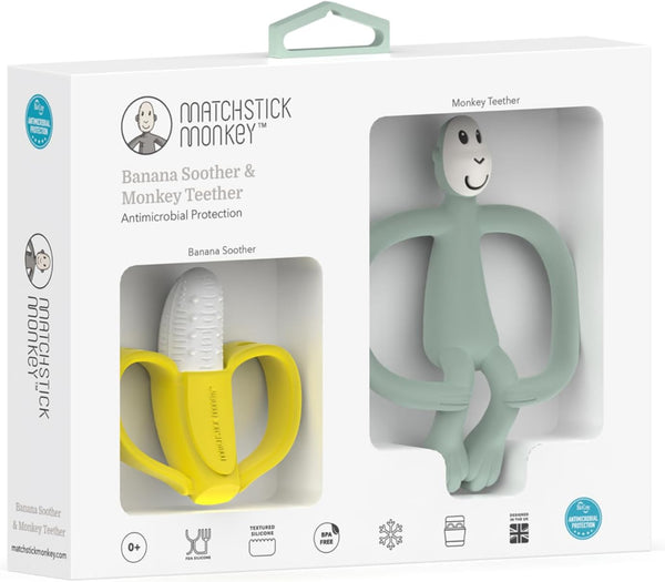 , Antimicrobial Teething Gift Set - 1 Banana Shaped Soother and 1 Animal Teether, 3 Months Old+, Banana & Monkey