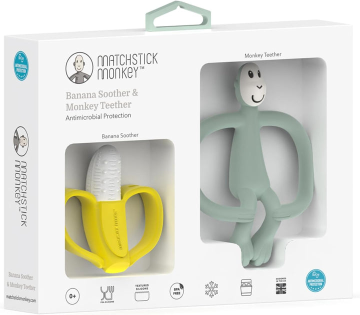 , Antimicrobial Teething Gift Set - 1 Banana Shaped Soother and 1 Animal Teether, 3 Months Old+, Banana & Monkey