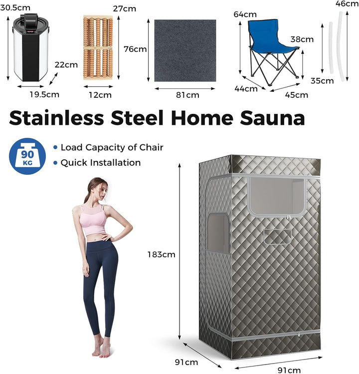 Portable Sauna Tent, Full Body Steam Sauna with 3L Steamer Generator, Remote Control, Folding Chair, Personal Home Sauna Box Pod for Therapy Slimming Detox (Gray)