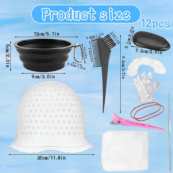 Highlight Cap and Hook Kit, 12-Piece Silicone Hair Highlighting Set with Dye Tools, Professional Streaking Cap for DIY Home Styling and Salon Use
