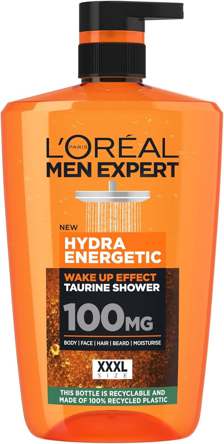 L'Oréal Men Expert Hydra Energetic 3-In-1 Shower Gel - Energizing Body, Face & Hair Wash for Men, Instant Wake-Up Effect, Invigorating & Refreshing Cleanser XXXL 1L