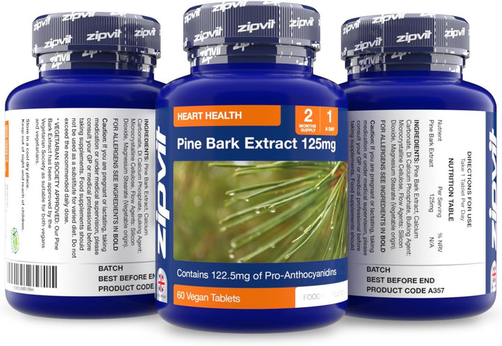 Pine Bark Extract 125Mg, High Strength Supplement, 95% Proanthocyanides, 60 Vegan Tablets, 2 Months Supply