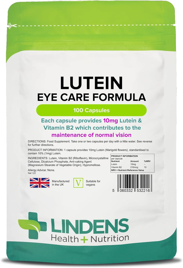 - Lutein 10Mg, 100 Capsules - UK Made - Marigold Extract with Vitamin B2 - Vision & Eye Health, Standardised Potent Extract - Letterbox Friendly - Vegan