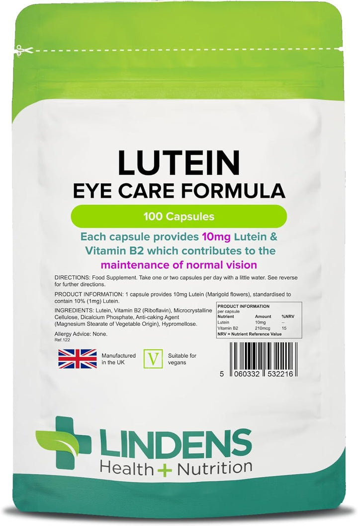 - Lutein 10Mg, 100 Capsules - UK Made - Marigold Extract with Vitamin B2 - Vision & Eye Health, Standardised Potent Extract - Letterbox Friendly - Vegan