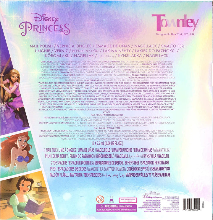 Disney Princess 15 Piece Water Based Nail Polish with 3 Toe Spacers| Quick Dry Peel off Gift Kit Set for Kids Girls Ages 3+ by