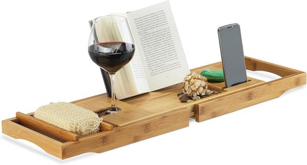 Bamboo Bathtub Caddy, Wooden Bathroom Rack with Bookstand, Extendable, HWD: 19 X 107.5 X 23 Cm, Natural
