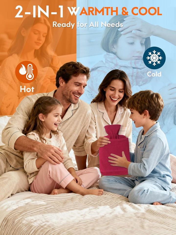 Hot Water Bottle with Fleece Cover - 2L Large Leakproof Hot Water Bag - Soft Hot Water Bottle with Hand Pocket and Natural Rubber -For Hands, Feet, Shoulders, Neck, Abdomen, Legs (Red)