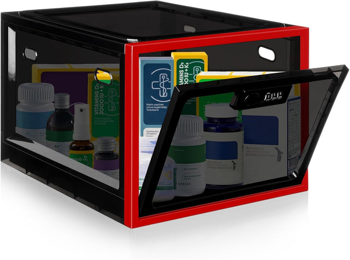 Lockable Medicine Box with Code, 12.6L Large Lockable Storage Box for Medication, Snacks, Phone, and Electronics - Bpa-Free, Clear Design with Charger Holes for Home, Office, Dorm, and Fridge